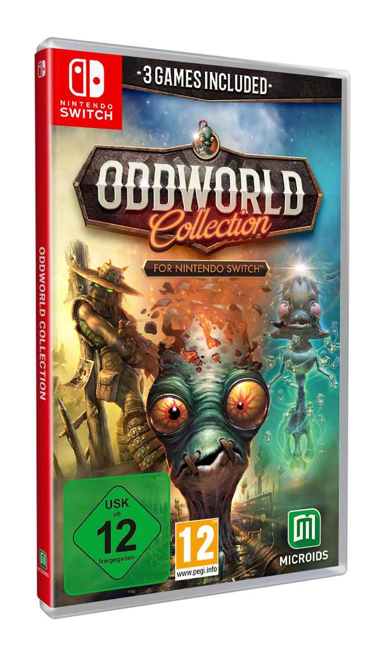 Spielverpackung für Nintendo Switch, Oddworld Collection mit Spielfiguren auf dem Cover.