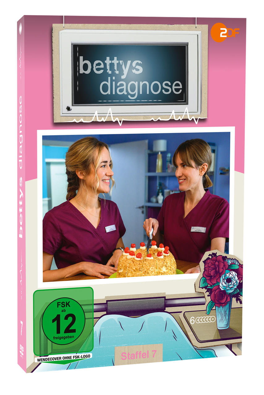DVD-Cover mit zwei Frauen, Kuchen und Fernsehbildschirm. Der Titel lautet 'bettys diagnose'.