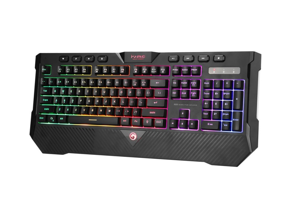 Teclado gaming - Marvo K656, Membrana, Con cable, Con iluminación RGB, USB, 112 teclas, Anti-ghosting, Negro
