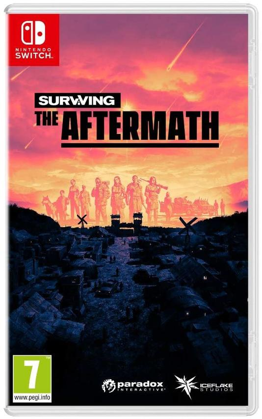 Una caja de videojuego para Surviving the Aftermath. La portada muestra una escena postapocalíptica y el logo de Nintendo Switch.