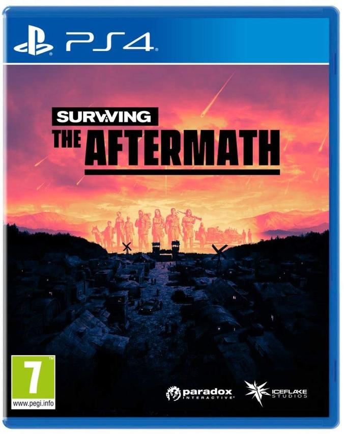Caja de juego de PS4 para 'Surviving the Aftermath', con gente en un paisaje post-apocalíptico.