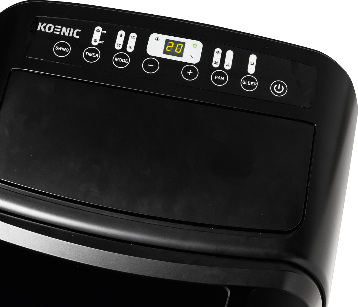 Zwart Koenic airconditioner bedieningspaneel. Display toont 20°C. Knoppen voor verschillende instellingen.
