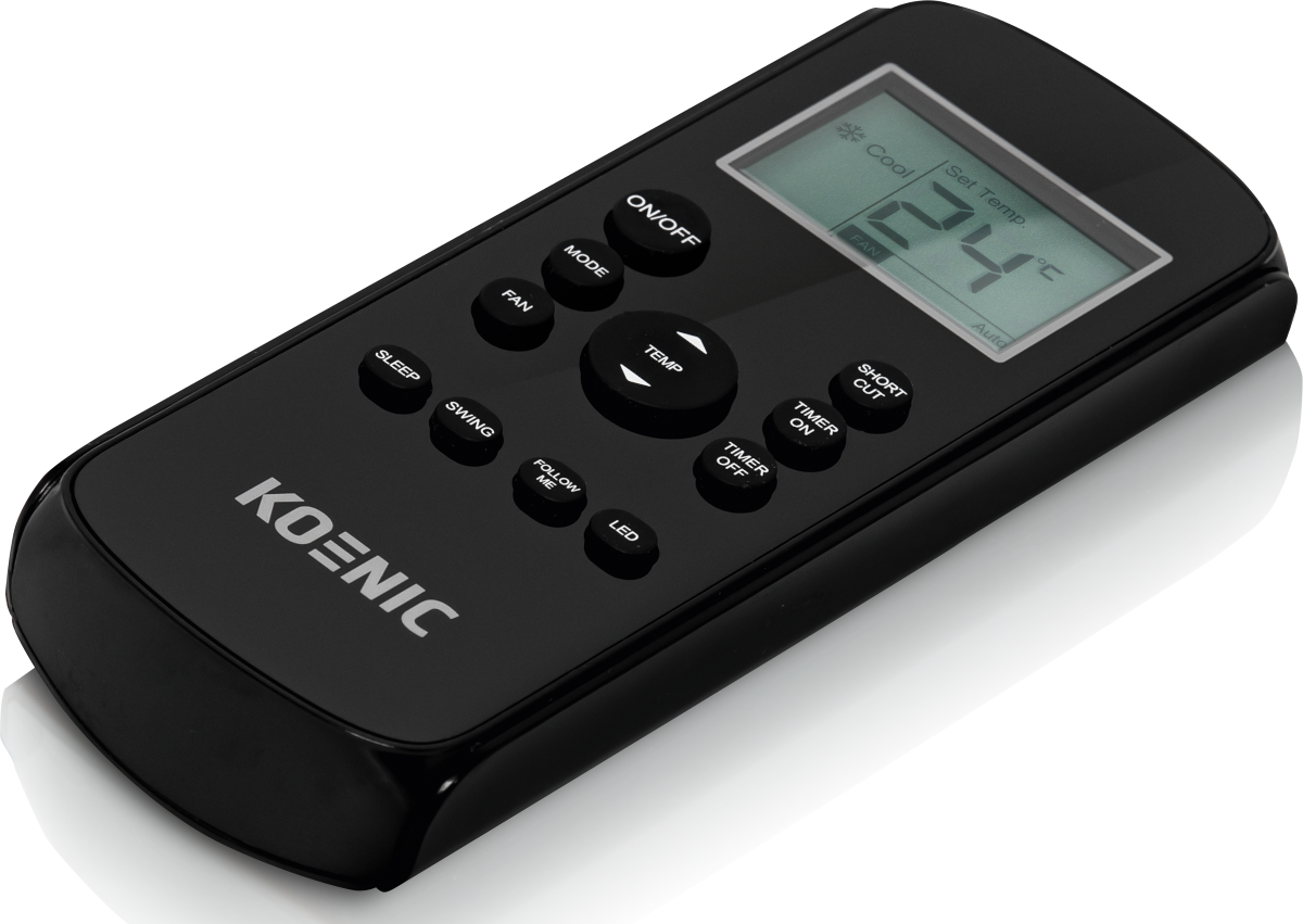 Zwarte Koenic-afstandsbediening, knoppen: AAN/UIT, MODUS, FAN, SLAAP, SWING, VOLG ME, LED, TEMP, TIMER AAN, S.CUT en pijlen, display 24°C.