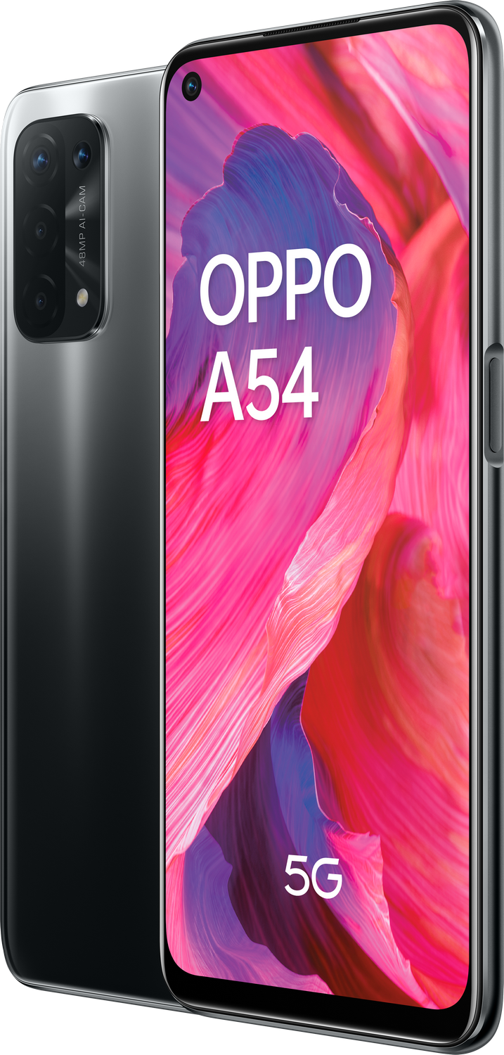 Un teléfono Oppo A54 negro con un fondo abstracto rosa y morado en su pantalla.