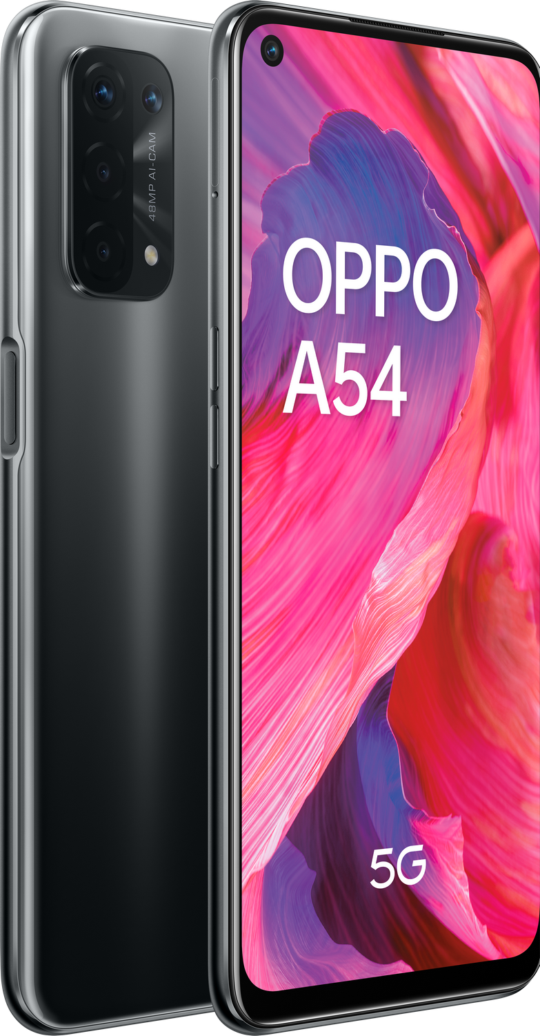 Smartphone negro con cámara de 48MP, Oppo A54, 5G. La pantalla muestra una obra de arte rosa con texto.