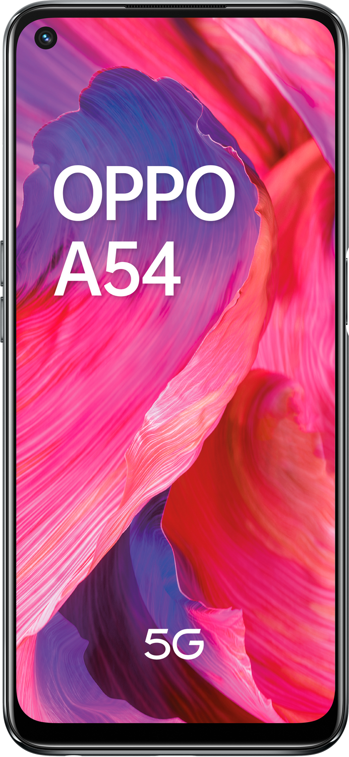 Smartphone OPPO A54 5G. El teléfono muestra un fondo abstracto rosa y rojo con el nombre de la marca.