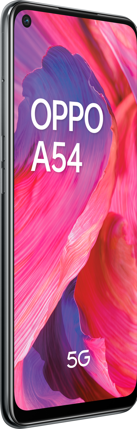 Smartphone OPPO A54. Marco gris y fondo rosa con el texto 'OPPO A54 5G'.