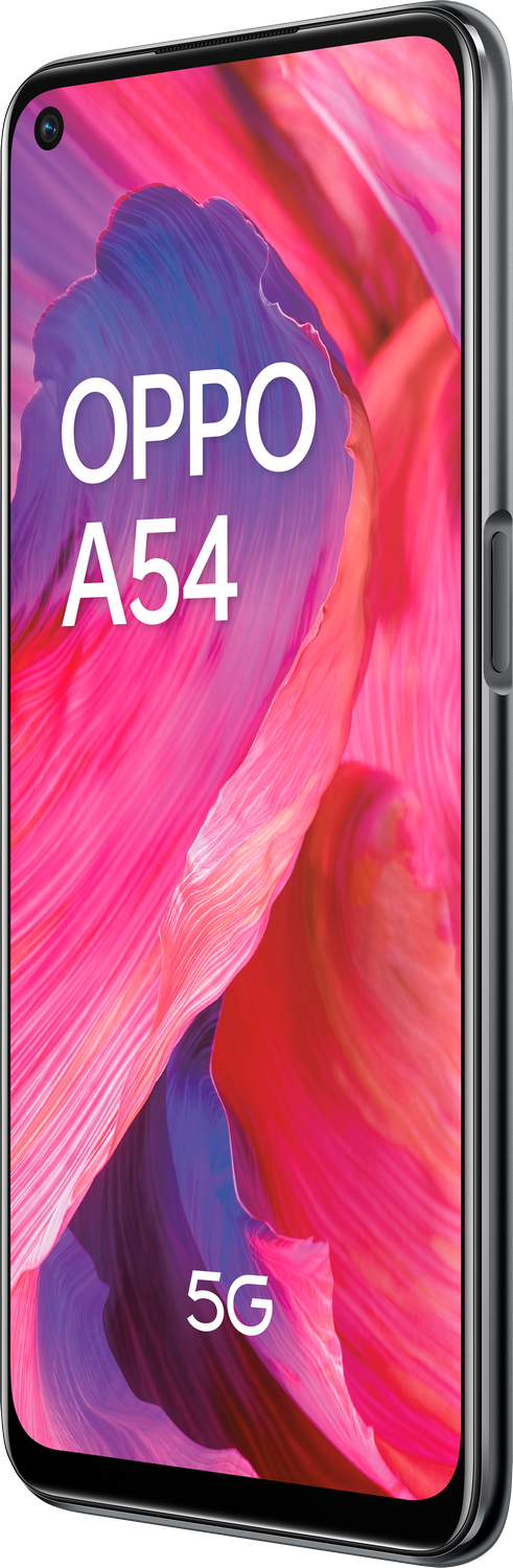 Un teléfono Oppo A54 gris. La pantalla muestra un diseño abstracto rosa y rojo vibrante.