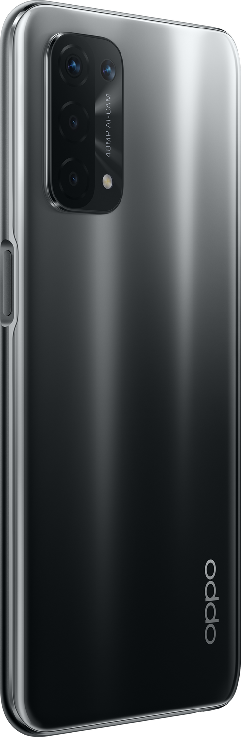 Smartphone negro y plateado con configuración de cámara cuádruple.