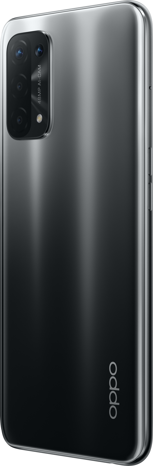 Un teléfono Oppo negro y gris con una protuberancia de la cámara y el logotipo de Oppo en la parte inferior.