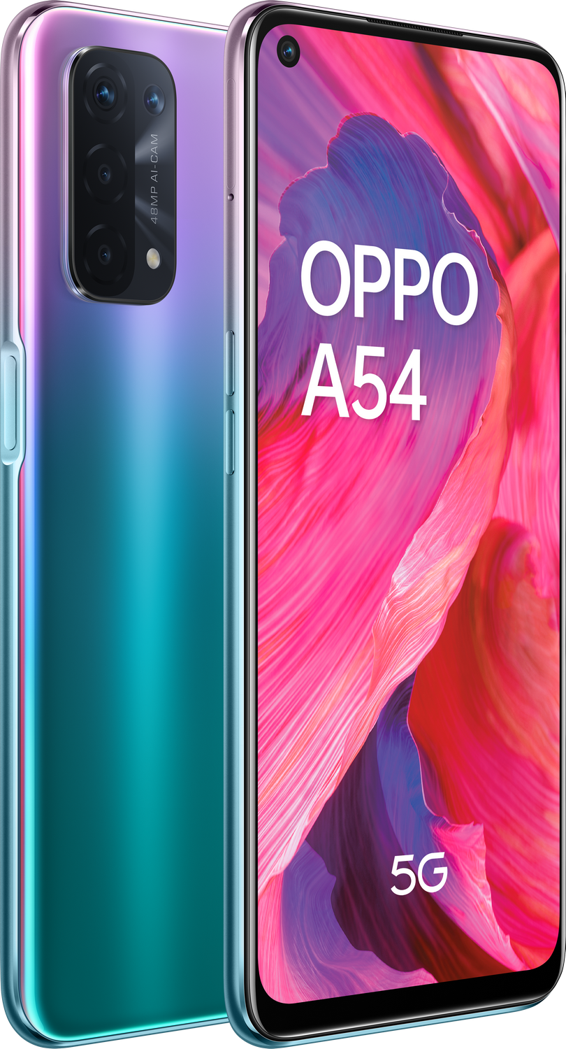Un smartphone OPPO A54, que muestra una parte trasera con degradado rosa y verde azulado y una pantalla 'OPPO A54'.