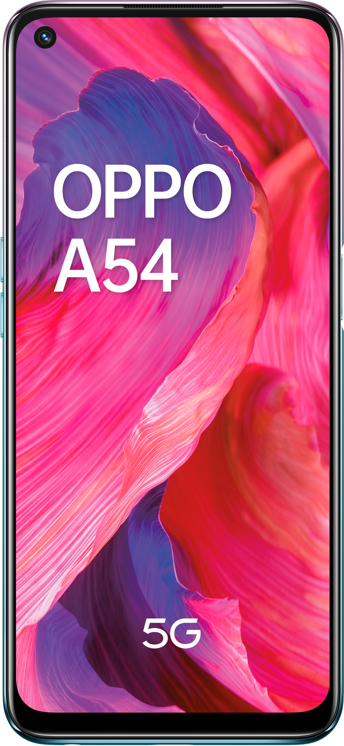 Un smartphone OPPO A54 con un fondo floral rosa, etiqueta 5G. El teléfono tiene un marco turquesa.