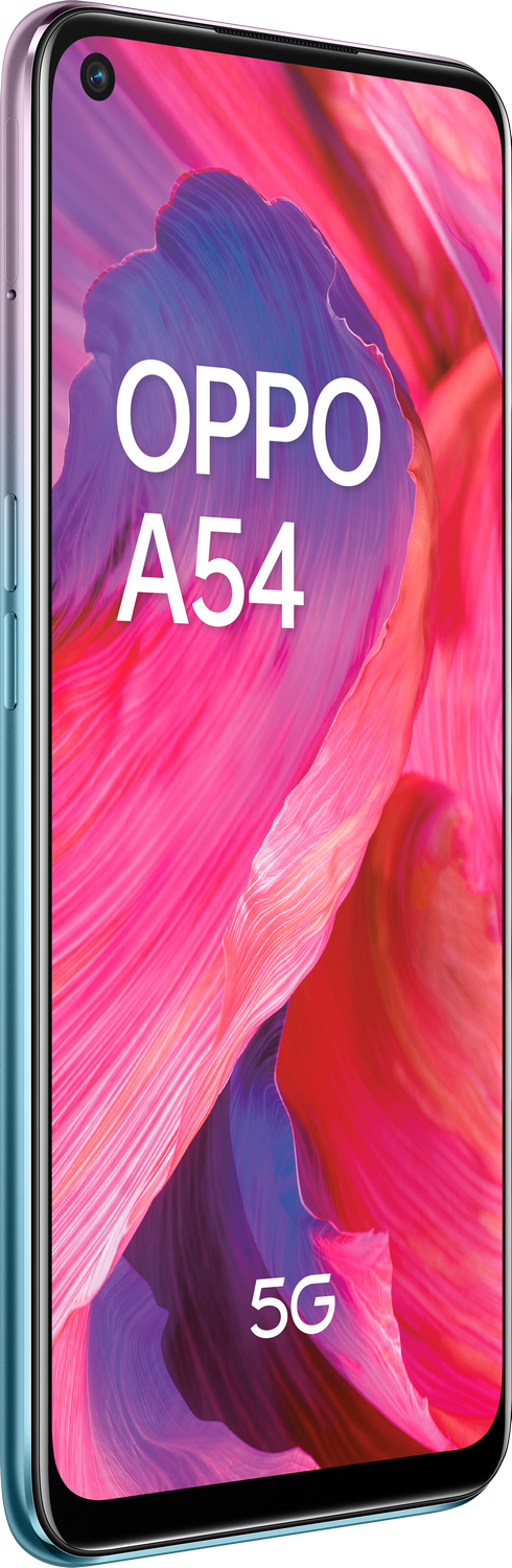 Un smartphone con una pantalla grande muestra el logotipo "OPPO A54", en un fondo colorido.