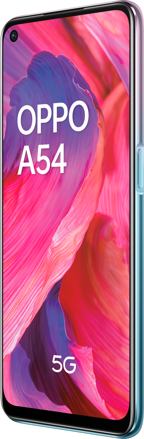 Teléfono Oppo A54 con un fondo abstracto y colorido.