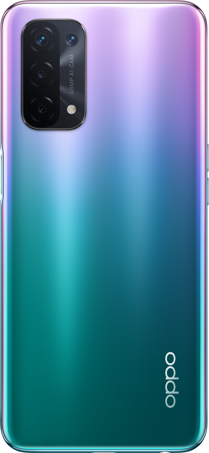 Parte trasera de un teléfono Oppo degradado con múltiples cámaras.