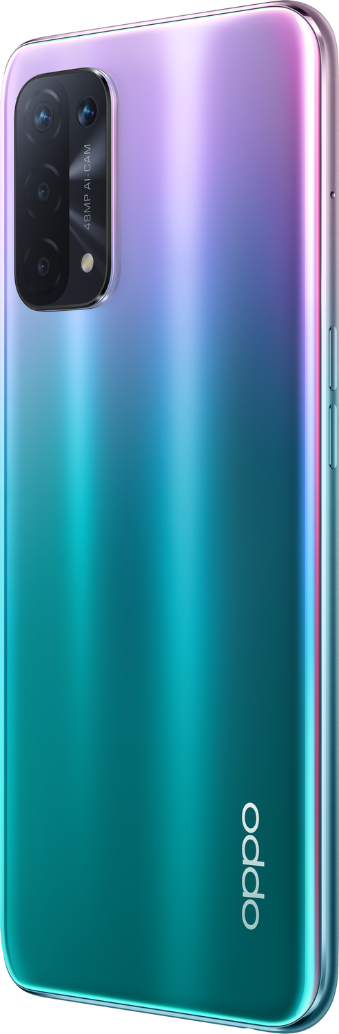 Un teléfono degradado azul, morado y verde con una cámara en la parte superior izquierda.