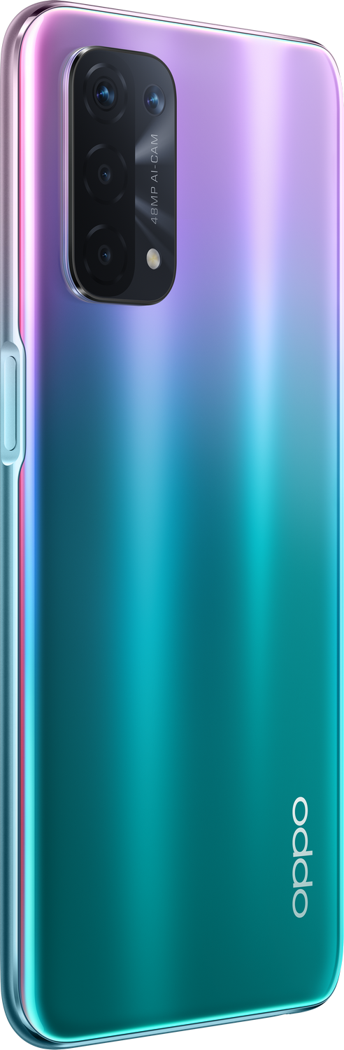 Un teléfono Oppo degradado púrpura-verde. El módulo de la cámara está en la esquina superior izquierda.