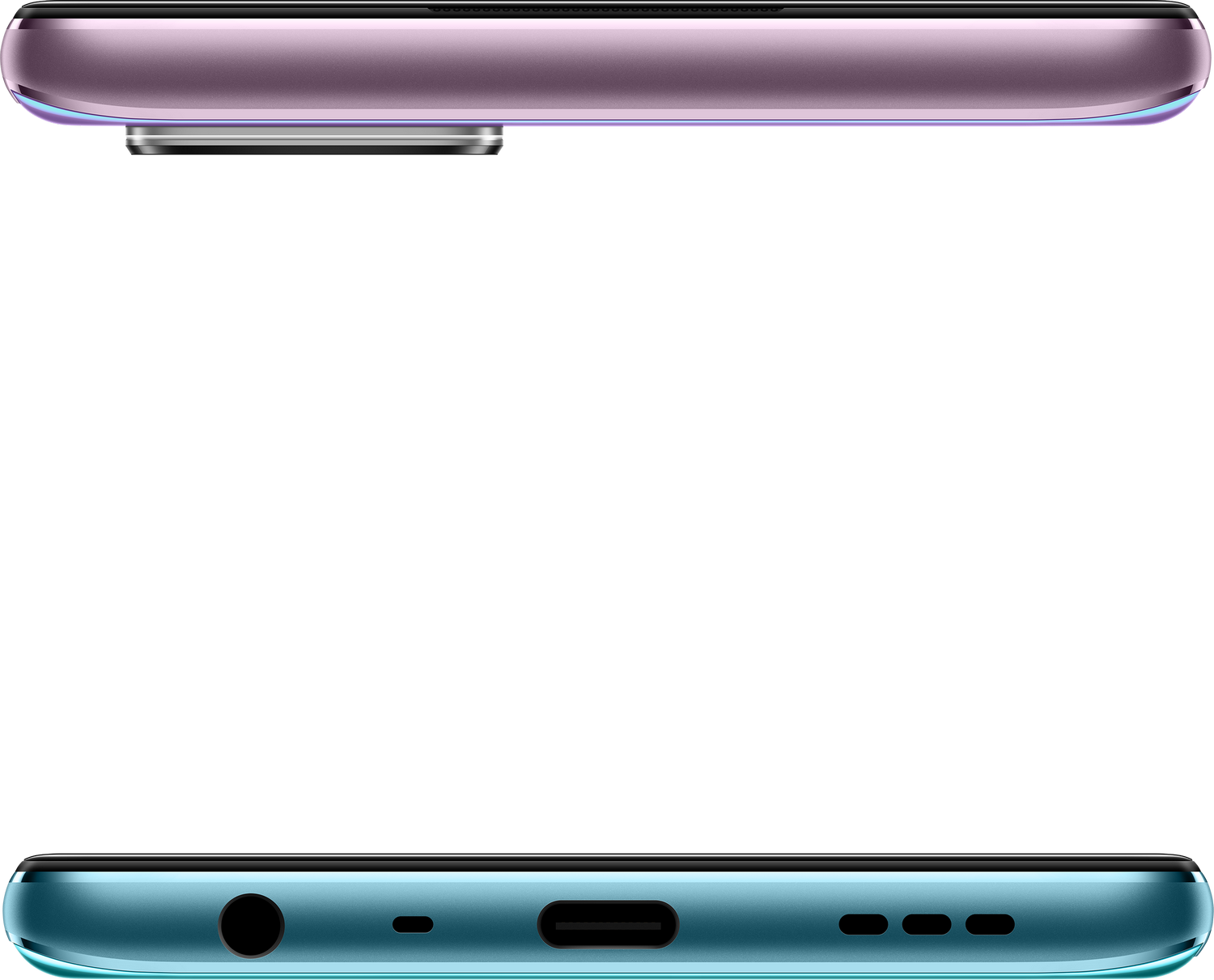 Smartphone, vista superior e inferior. Parte superior morada, inferior turquesa con puertos.