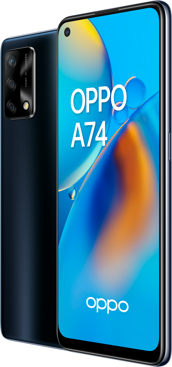Teléfono Oppo A74 azul y negro. Tiene una cámara en la parte trasera y el logotipo de Oppo en la parte inferior.