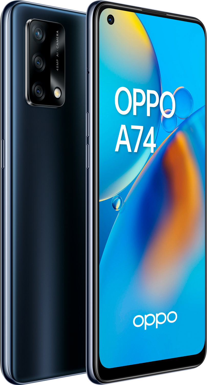 Teléfono OPPO A74 azul con configuración multicámara. Se muestra desde dos ángulos.