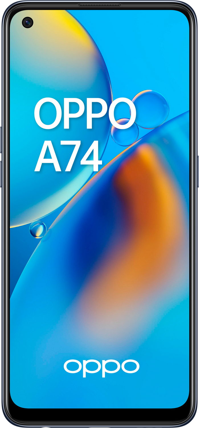 Vista frontal del teléfono Oppo A74 con fondo azul y gotas de agua.