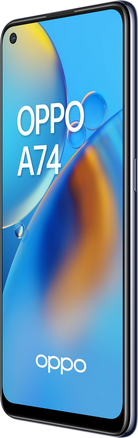 Teléfono Oppo A74, azul, en vista lateral, con el logo Oppo y burbujas.