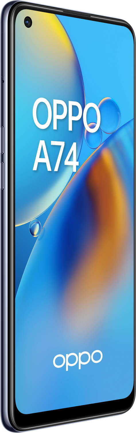 Teléfono Oppo A74 de lado, color degradado azul, con el nombre de la marca y una cámara.