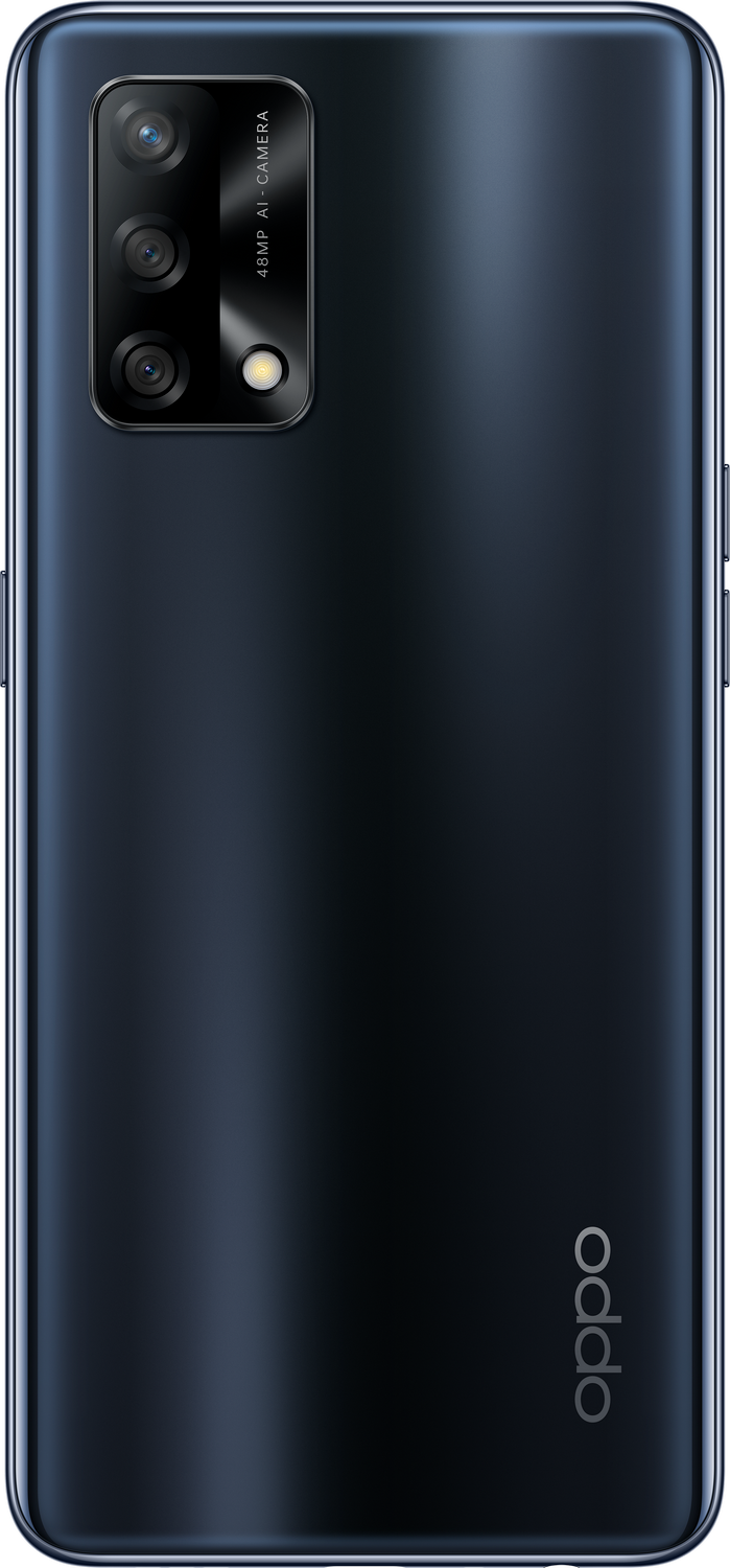 Parte trasera de smartphone negro con cámaras. Logotipo de Oppo abajo.