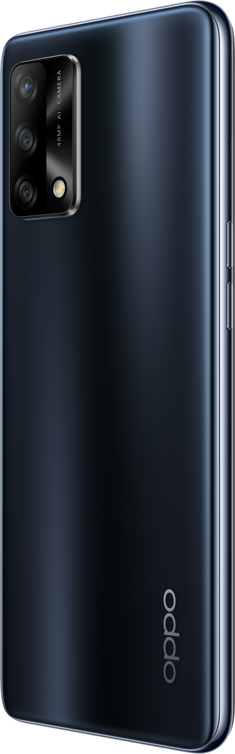 Teléfono Oppo azul-negro con bloque de cámara, con 4 cámaras y el logo de Oppo.