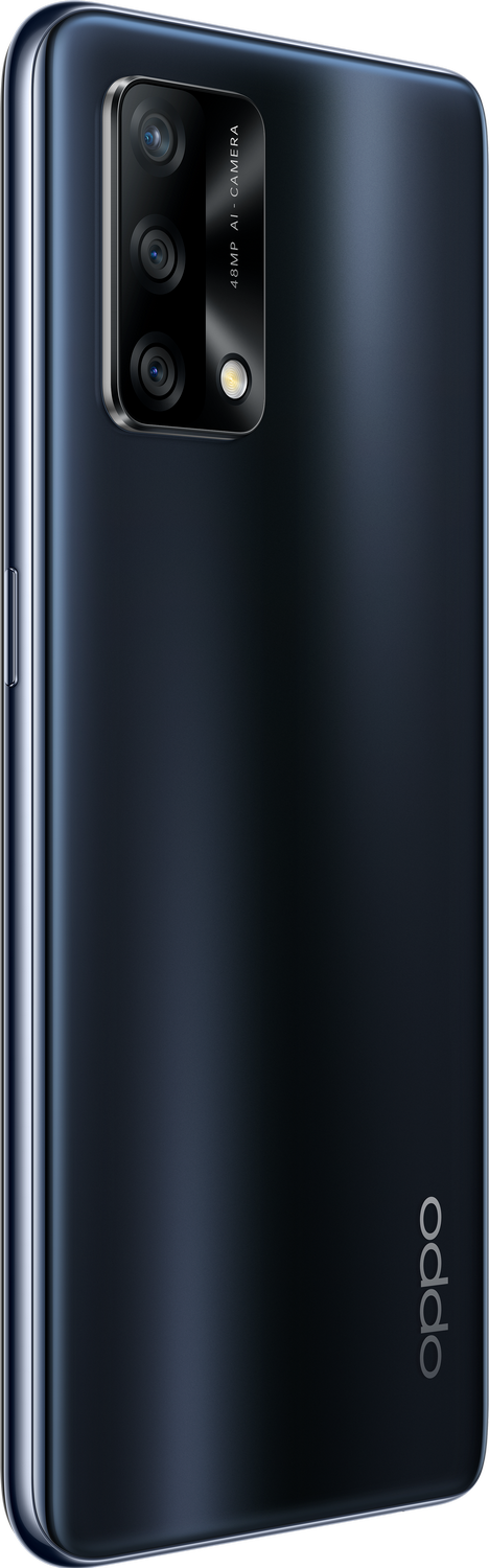 Parte trasera de un smartphone Oppo negro con tres cámaras y el logotipo de Oppo.