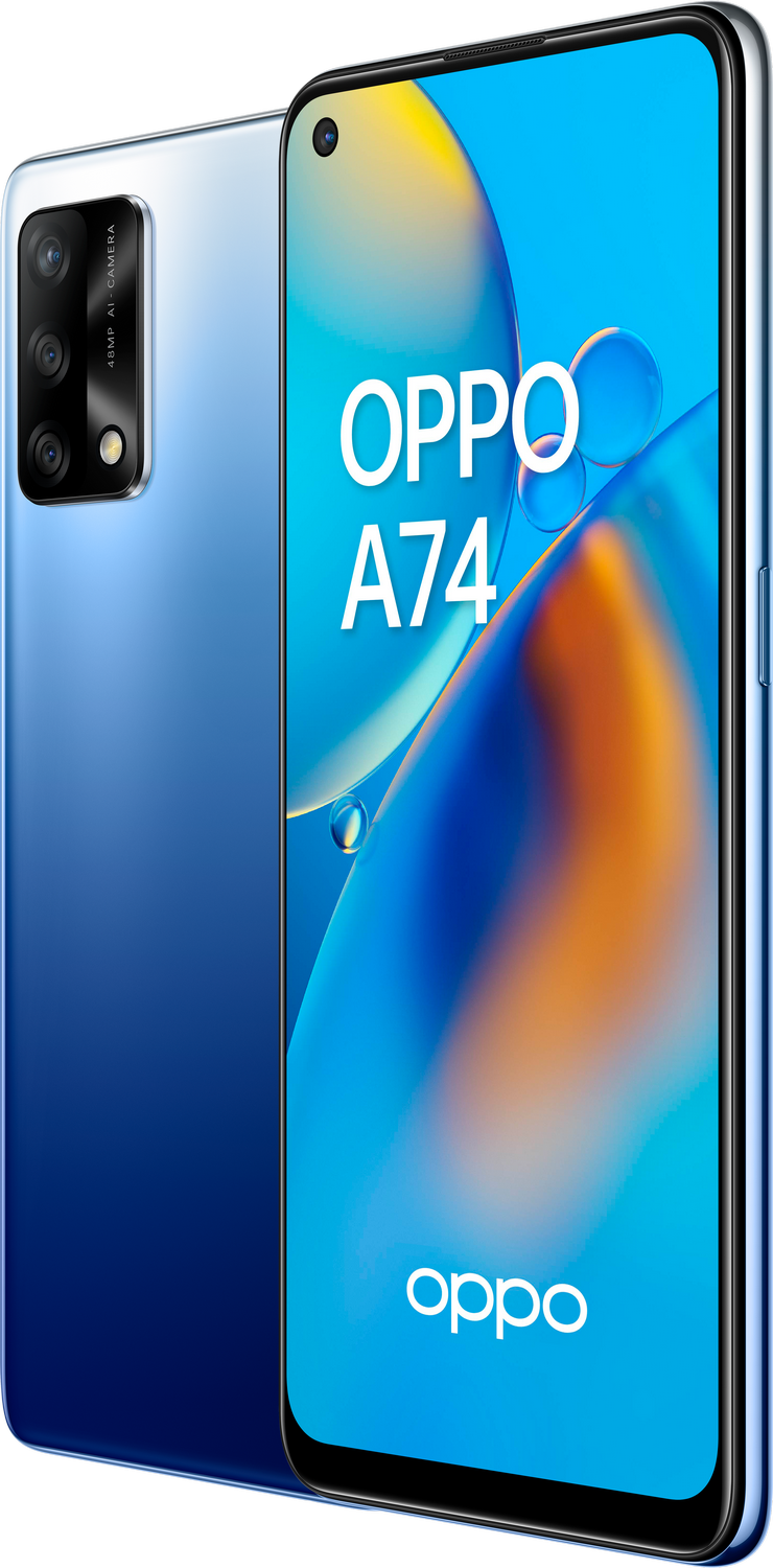 Un smartphone OPPO A74 sobre una superficie blanca. Tiene una parte trasera azul y una pantalla que muestra un fondo azul.