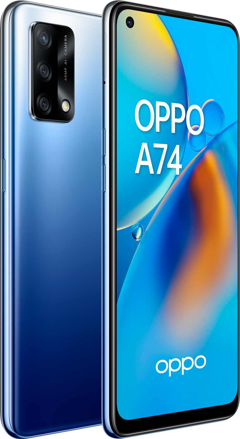 Smartphone Oppo A74 azul, con una matriz de cámara en la parte trasera.