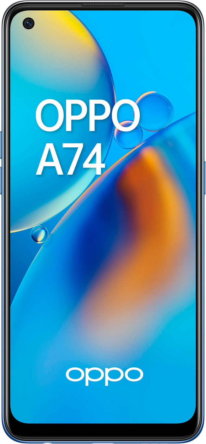 Vista frontal del teléfono Oppo A74 con fondo azul y gotas de agua.
