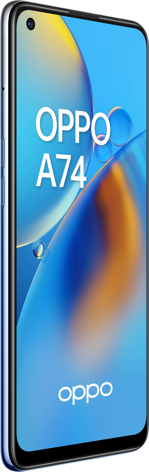 Un smartphone en un soporte, con una pantalla azul que muestra el texto "OPPO A74".