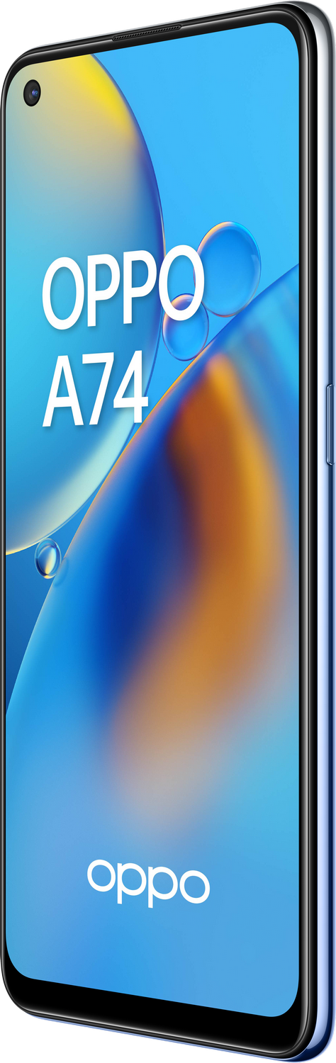Smartphone azul con el logo de OPPO. Pantalla con gráficos azules.