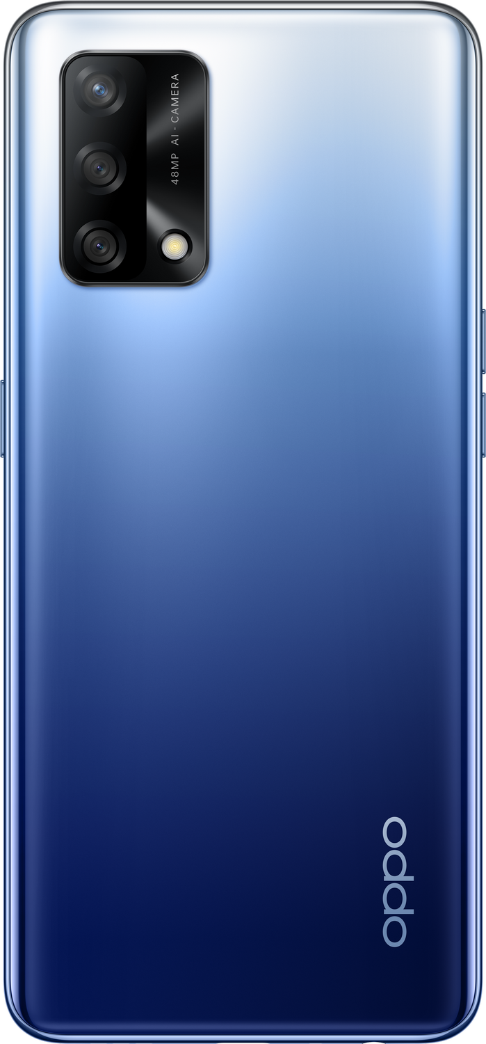 Teléfono OPPO con degradado azul y varias cámaras en la parte trasera.