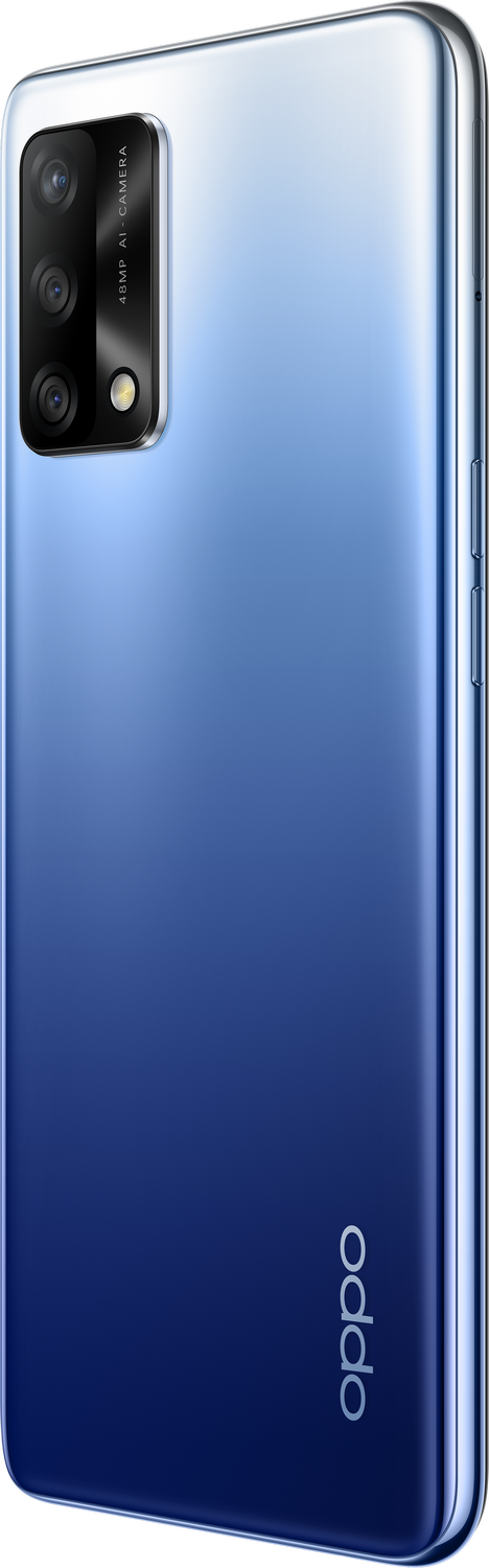 Un teléfono Oppo con degradado azul desde un lado, con un módulo de cámara en la parte superior izquierda.