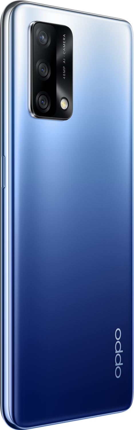 Vista trasera de un teléfono OPPO plateado y azul con un conjunto de cámaras.