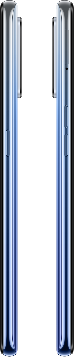 Dos vistas laterales de un smartphone. Los teléfonos son azules con detalles en negro. Fondo negro.