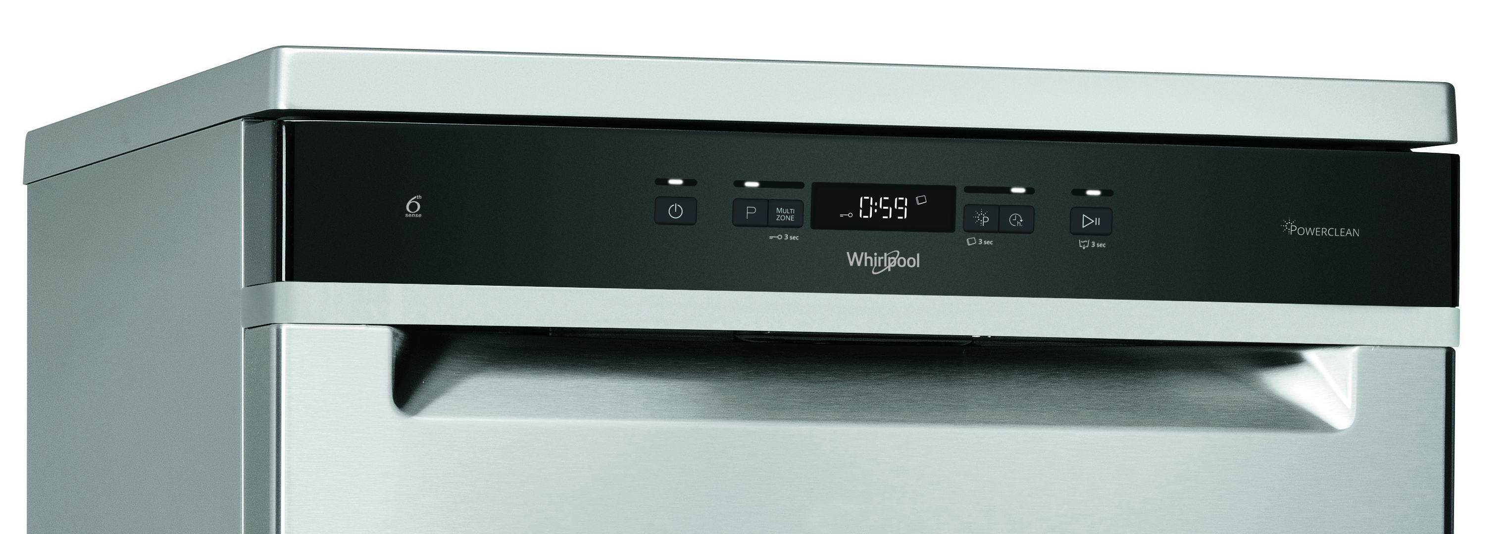 Közelkép egy rozsdamentes acél Whirlpool mosogatógép kezelőpaneljéről digitális kijelzővel.