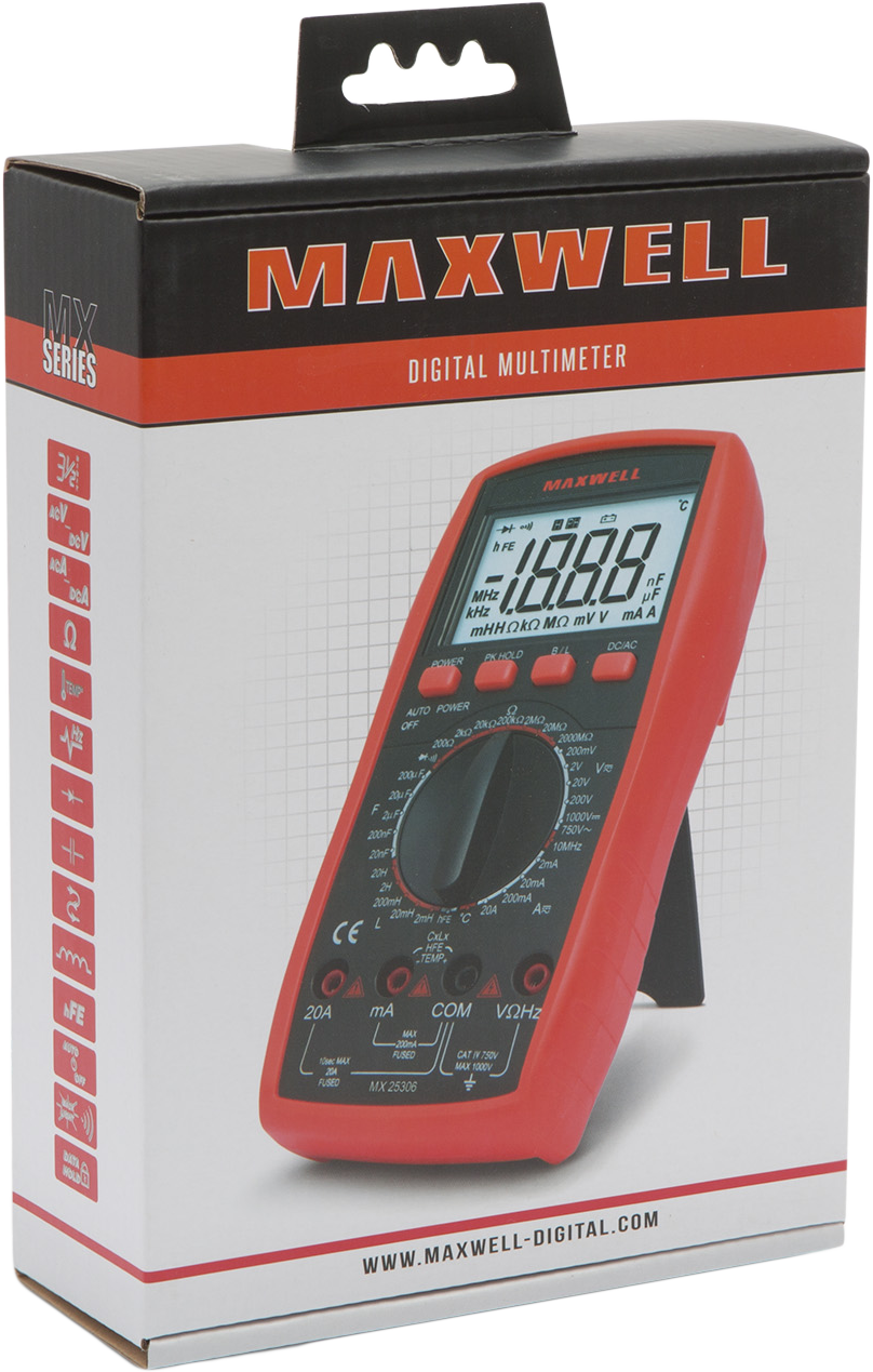 Piros Maxwell multiméter a dobozában, a készüléket és annak adatait mutatva.