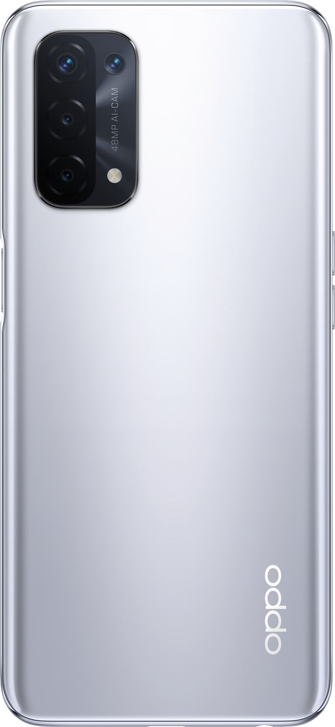 Un teléfono blanco con una cámara en la esquina superior izquierda. El teléfono tiene el logo de Oppo.