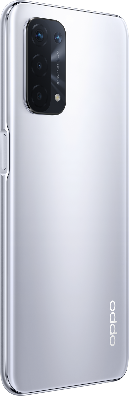 Parte trasera de un smartphone Oppo plateado. Tiene cámara, logo Oppo y diseño elegante.