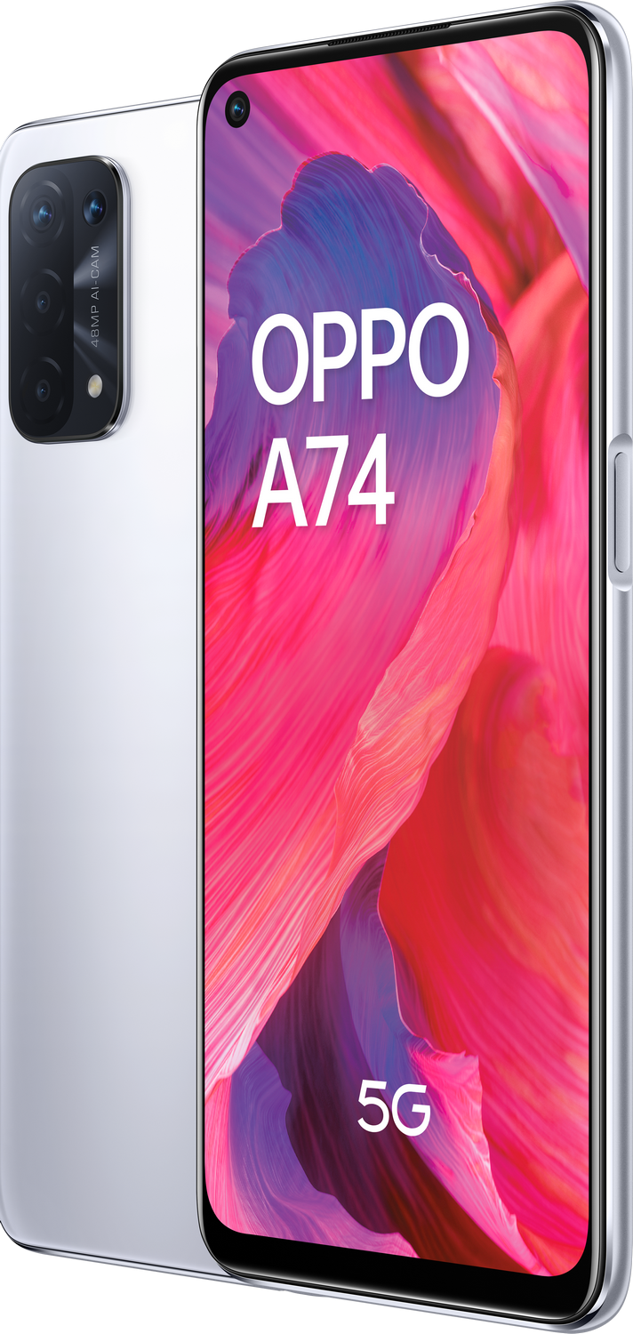 Smartphone Oppo A74 blanco con fondo rojo y rosa. Las cámaras traseras del teléfono son visibles.