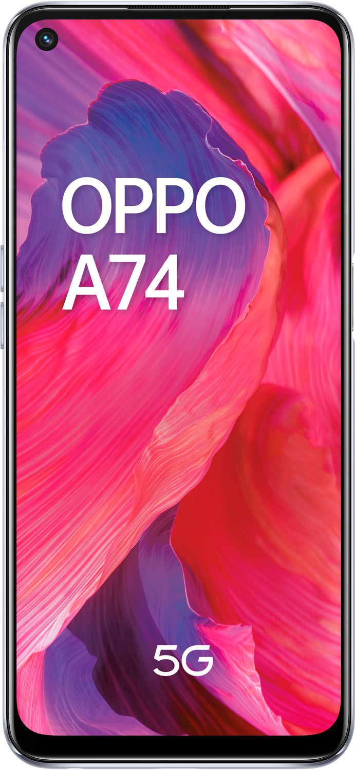 Un teléfono Oppo A74, negro, mostrando un fondo abstracto rosa y morado en su pantalla.