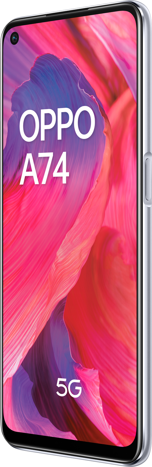 Smartphone OPPO A74 5G, púrpura con fondo rosa y blanco.
