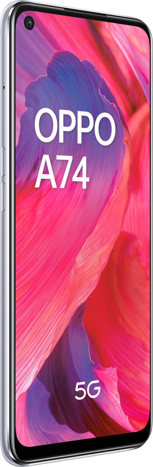 Un teléfono Oppo A74 5G con una parte trasera rosa y morada degradada. El nombre del teléfono está escrito.
