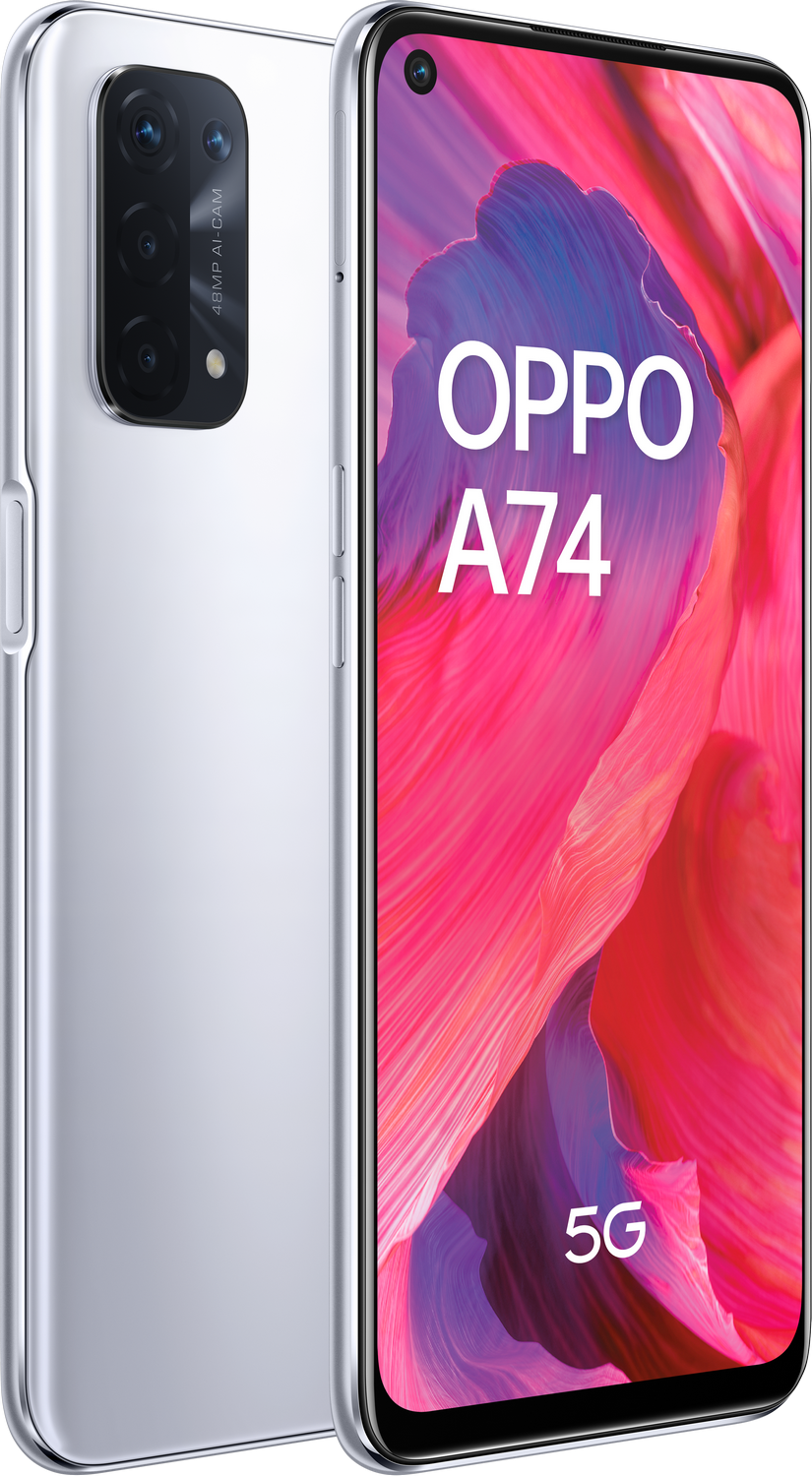 Teléfono Oppo A74 blanco y plateado. Fondo rosa y rojo.