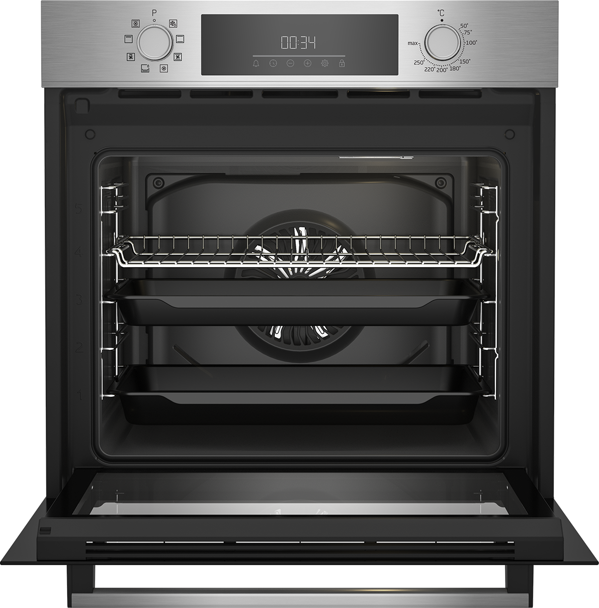 Ein Backofen mit geöffneter Tür, der Innenraum mit Blechen und Rosten zeigend.