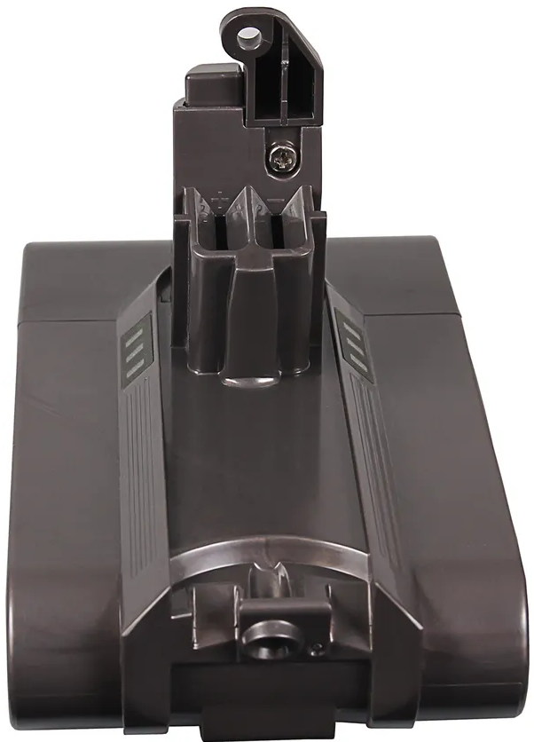 Un pacco batteria per aspirapolvere, di colore grigio scuro. Ha una forma rettangolare con dettagli.